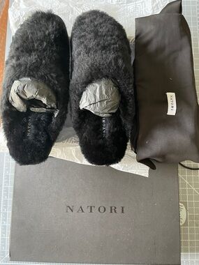 Natori Black Plush Shearling Slippers